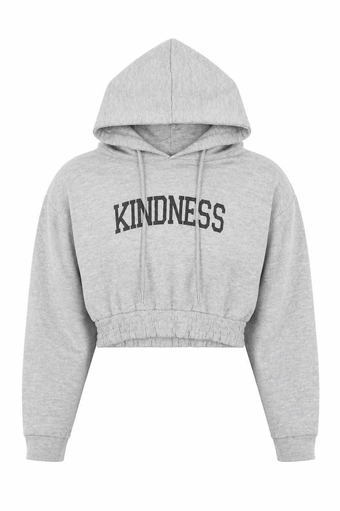 Front view of Pink Vanilla women’s grey cotton pullover hoodie, size S, pullover - kindness