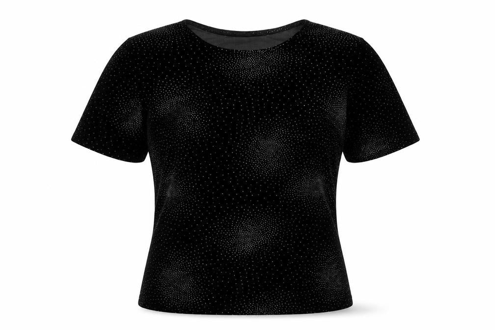 Front view of Jac women’s black polyester basic t-shirt, size UK 10, round neck
