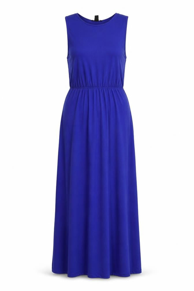 Front view of H&M women’s blue polyester maxi, size S, round neck pullover