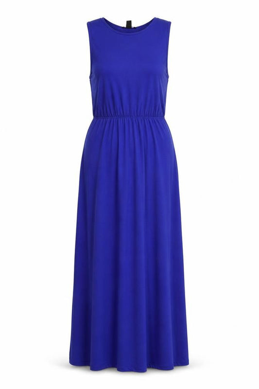Front view of H&M women’s blue polyester maxi, size S, round neck pullover