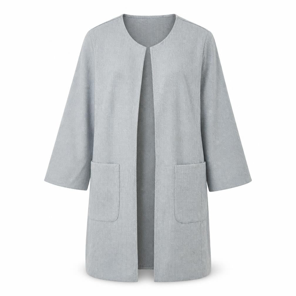 Front view of Gerard women’s grey crew neck polyester cardigan jumper, size UK 12