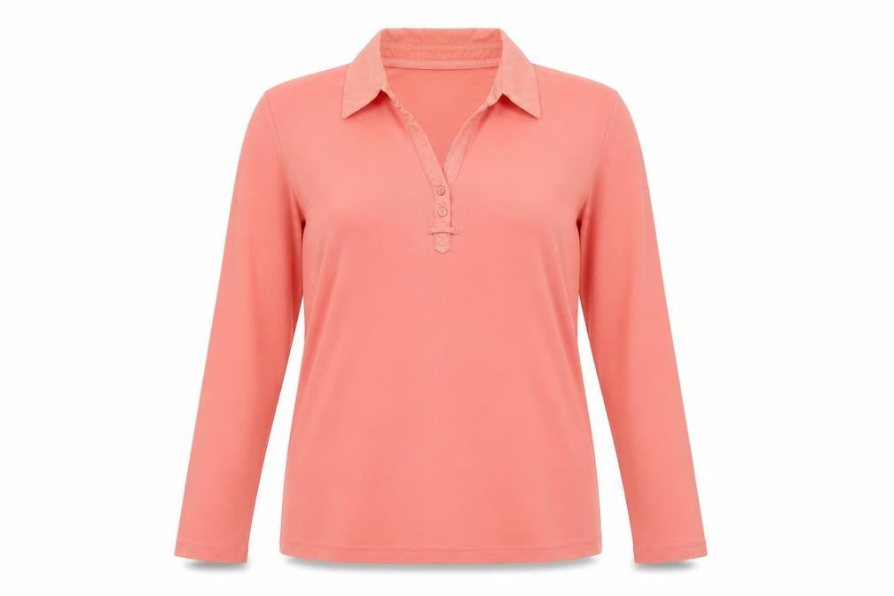 Front view of Bonmarché women’s pink polyester basic polo, size L, collared