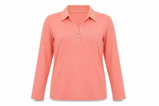 Front view of Bonmarché women’s pink polyester basic polo, size L, collared