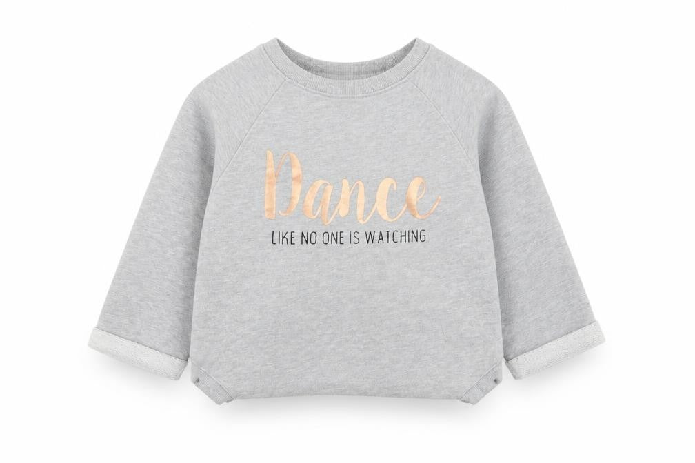 Front view of Dunnes girls’ grey cotton pullover sweatshirt, size 9-10, years pullover - dance