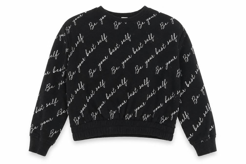 Front view of Primark girls’ black cotton pullover sweatshirt, size 9-10, years pullover - be your best self