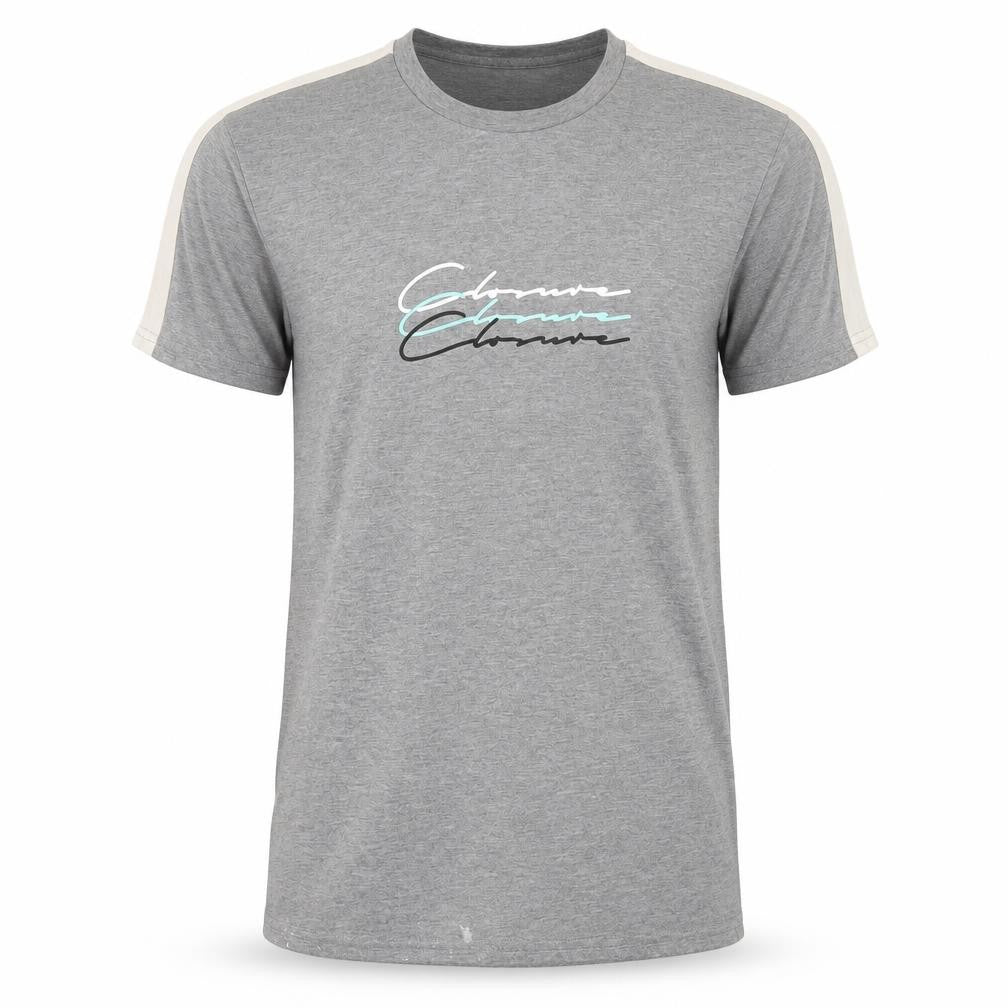 Front view of Closure men’s grey polyester t-shirt, size S, round neck