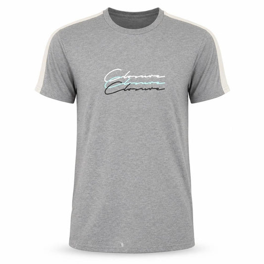 Front view of Closure men’s grey polyester t-shirt, size S, round neck