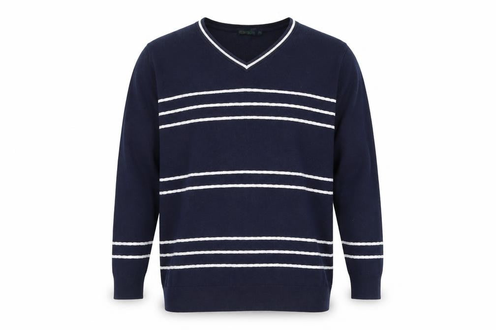 Front view of Padrais men’s blue v-neck striped polyester jumper, size XL