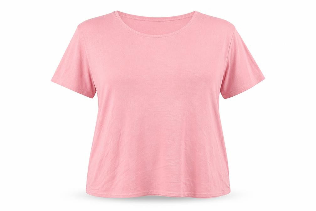 Front view of Charmell women’s pink polyester basic blouse, size 2XL, round neck