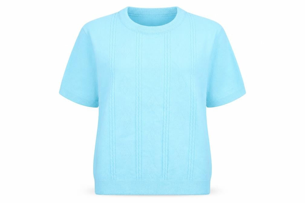 Front view of Envy women’s blue round neck acrylic jumper, size M
