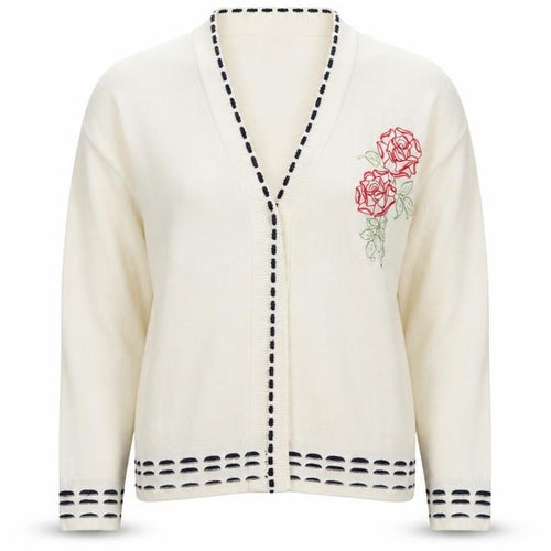 Pure & Natural Womens Beige V-Neck Floral Acrylic Cardigan Jumper Size M