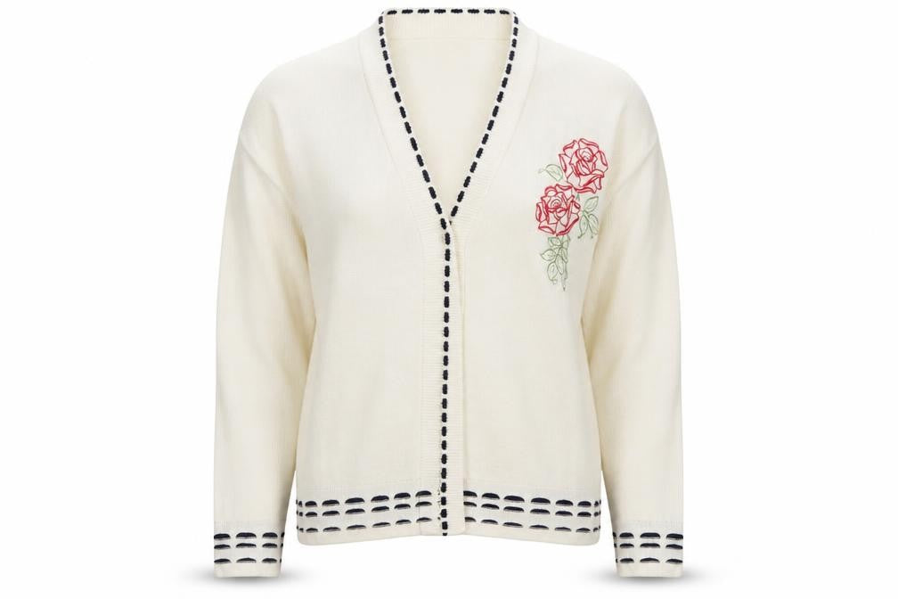 Pure & Natural Womens Beige V-Neck Floral Acrylic Cardigan Jumper Size M