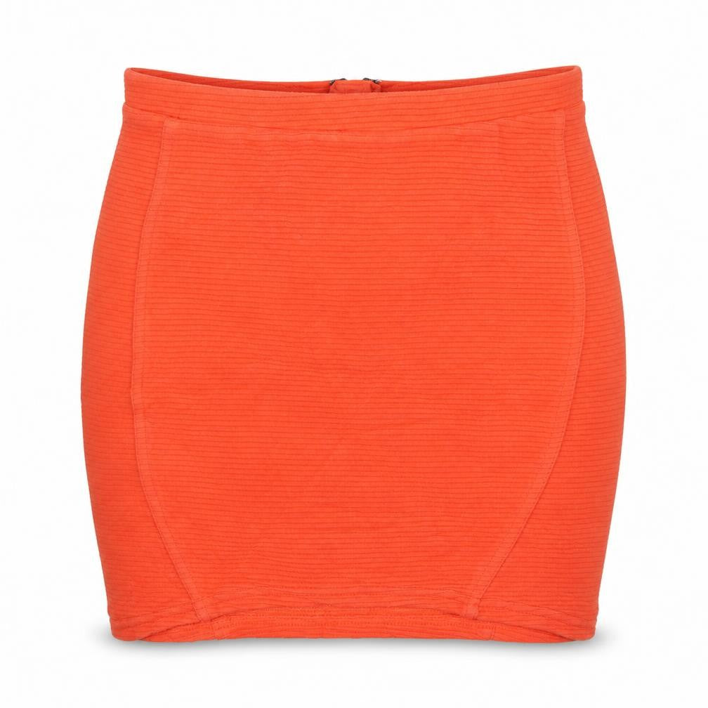 Front view of Topshop women’s orange cotton mini skirt, size UK 8
