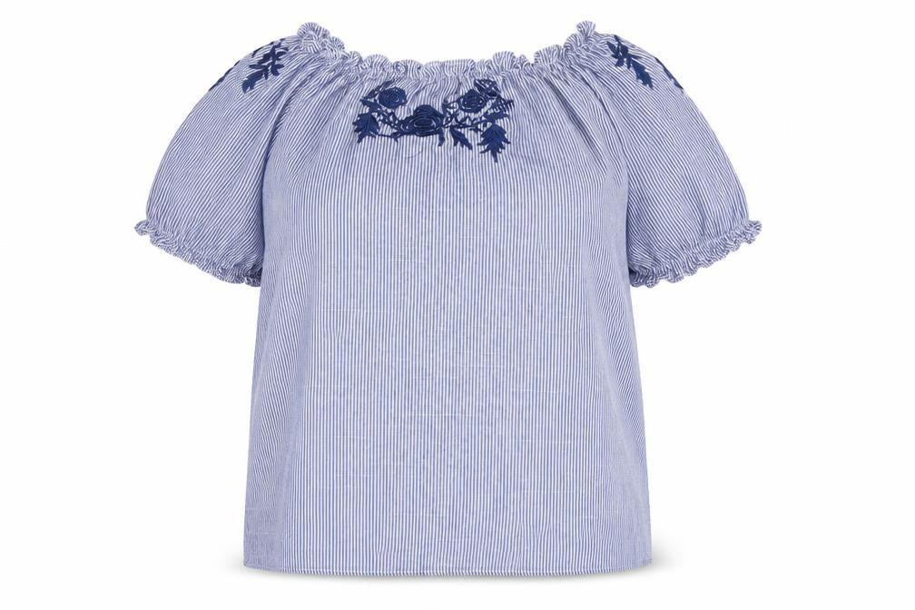 Front view of Blue Vanilla women’s blue striped polyester basic blouse, size M, boat neck