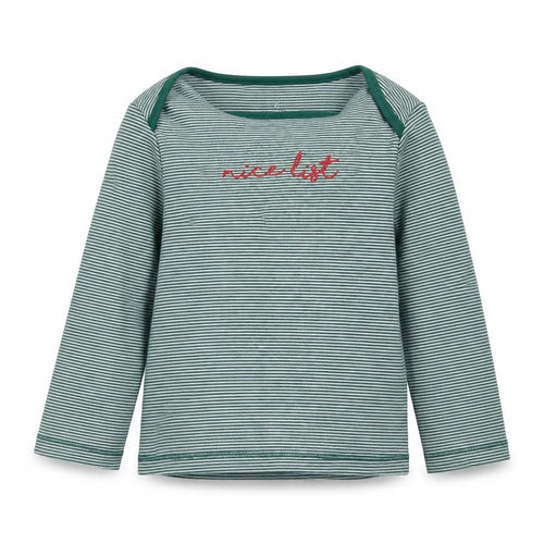 F&F Boys Green Striped Ramie Basic T-Shirt Size 12-18 Months Round Neck Button