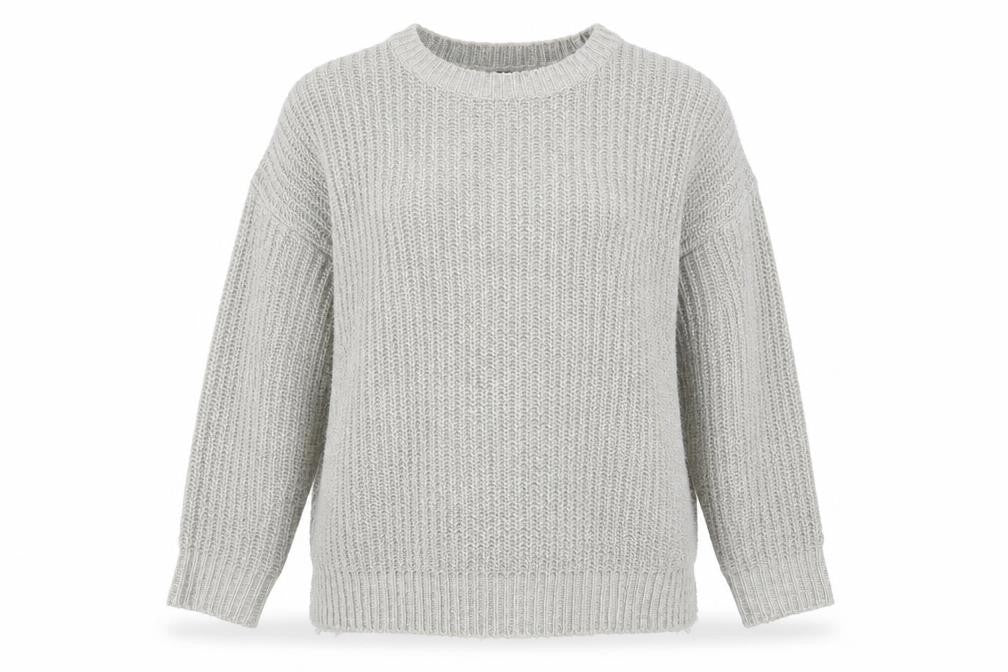 Front view of New Look women’s grey round neck acrylic jumper, size M
