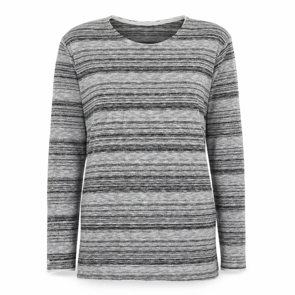 Front view of Key Largo women’s grey round neck striped polyester jumper, size M