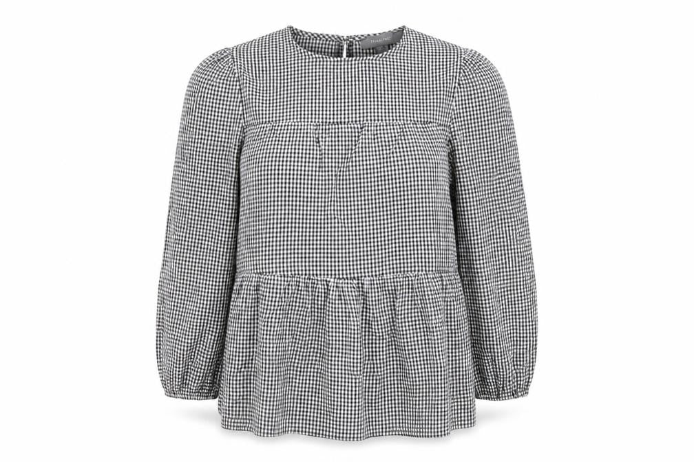 Front view of Primark women’s grey check viscose basic blouse, size UK 8, crew neck