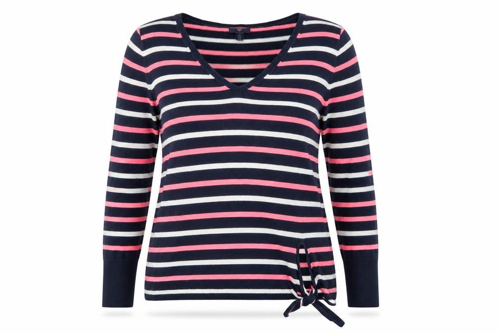 Front view of Gap women’s blue v-neck striped cotton jumper, size M
