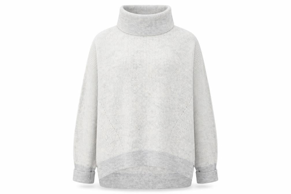Front view of Primark women’s grey roll neck acrylic jumper, size S