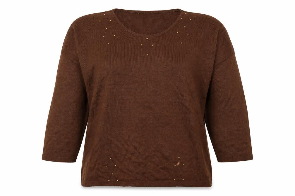Front view of Dito women’s brown v-neck acrylic jumper, size UK 10