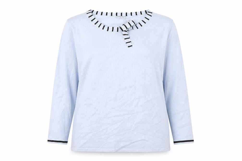 Front view of M&Co women’s blue round neck nylon jumper, size UK 20