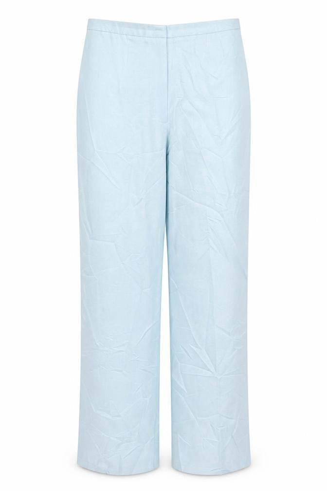 Front view of Plus Collection women’s blue polyester trousers, size UK 12, 29-inch leg regular buckle
