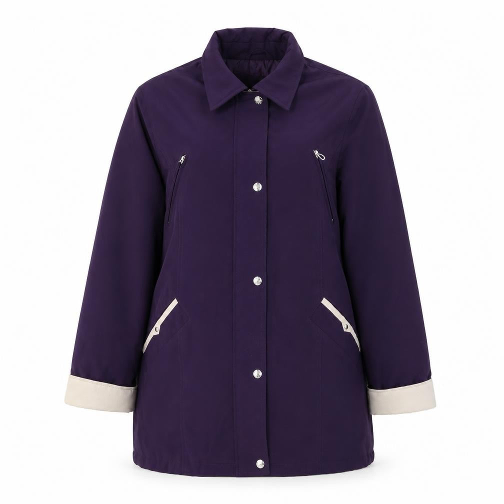 Front view of JBC women’s purple overcoat coat, size UK 12, zip