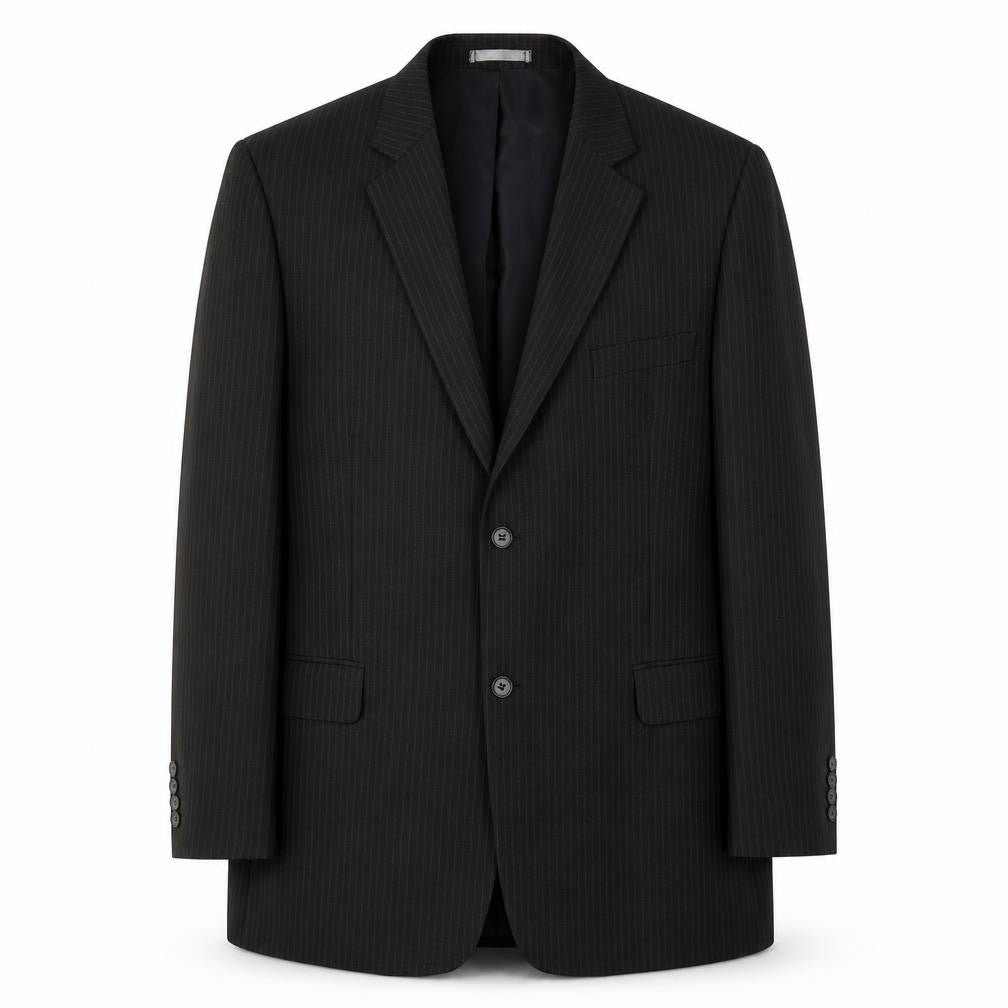 Front view of Taylor & Wright men’s black striped polyester jacket suit jacket, size XL