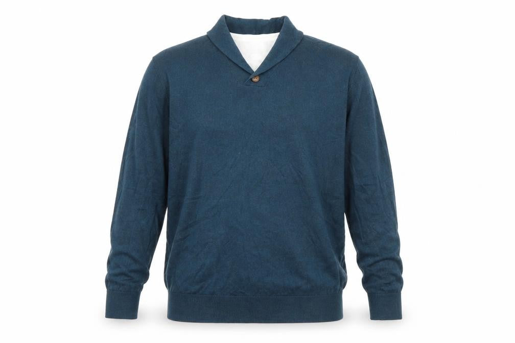 Front view of Burton men’s blue roll neck polyester jumper, size XL