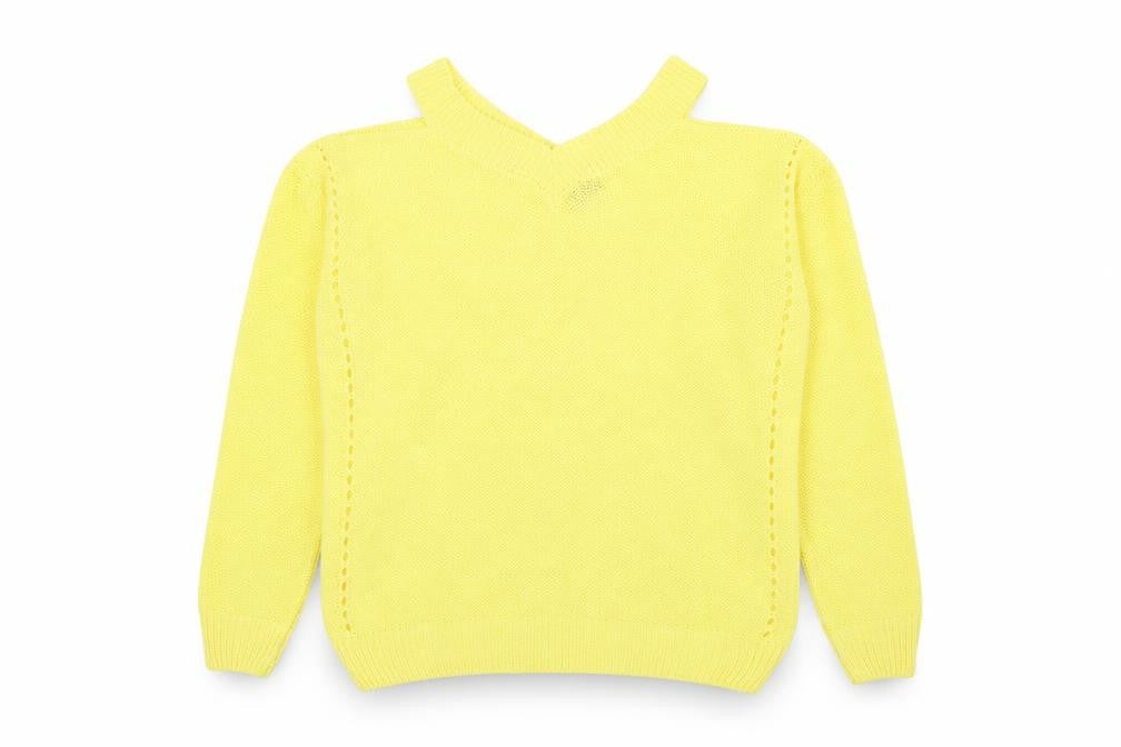 Front view of F&F women’s yellow v-neck acrylic jumper, size UK 10