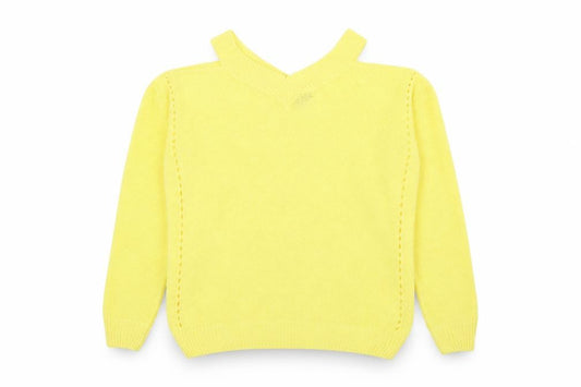 Front view of F&F women’s yellow v-neck acrylic jumper, size UK 10