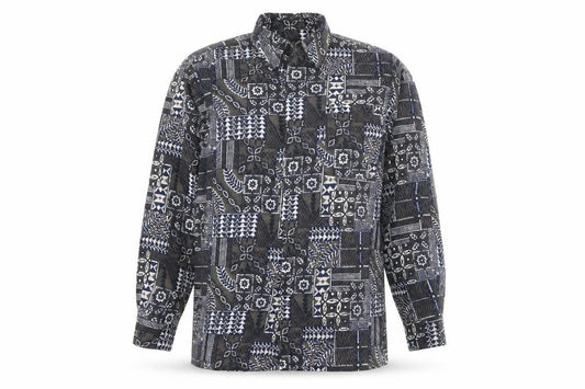 Front view of Living men’s green floral polyester button-up, size M, collared button