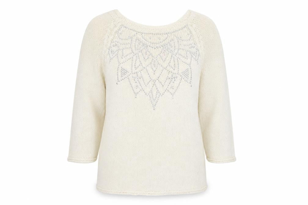 Front view of Roman women’s ivory crew neck acrylic jumper, size UK 16