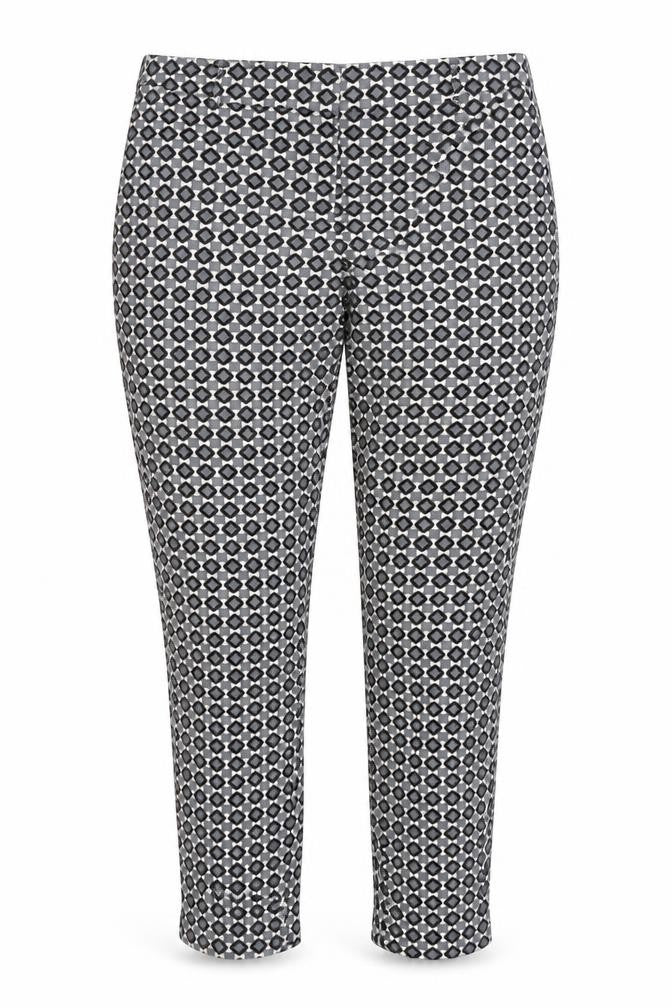 Front view of Jake's women’s multicoloured geometric polyester trousers, size UK 8, 29-inch leg regular