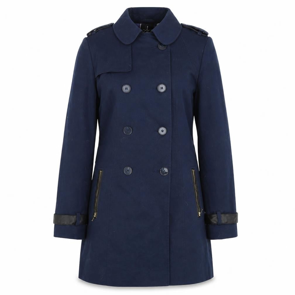 Front view of Atmosphere women’s blue overcoat coat, size UK 10, button