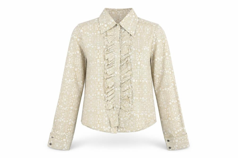 Front view of Full Circle women’s gold paisley cotton basic button-up, size M, collared