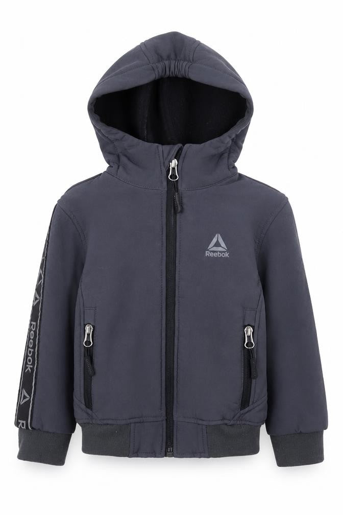 Front view of Reebok boys’ grey polyester full zip hoodie, size 2, years zip
