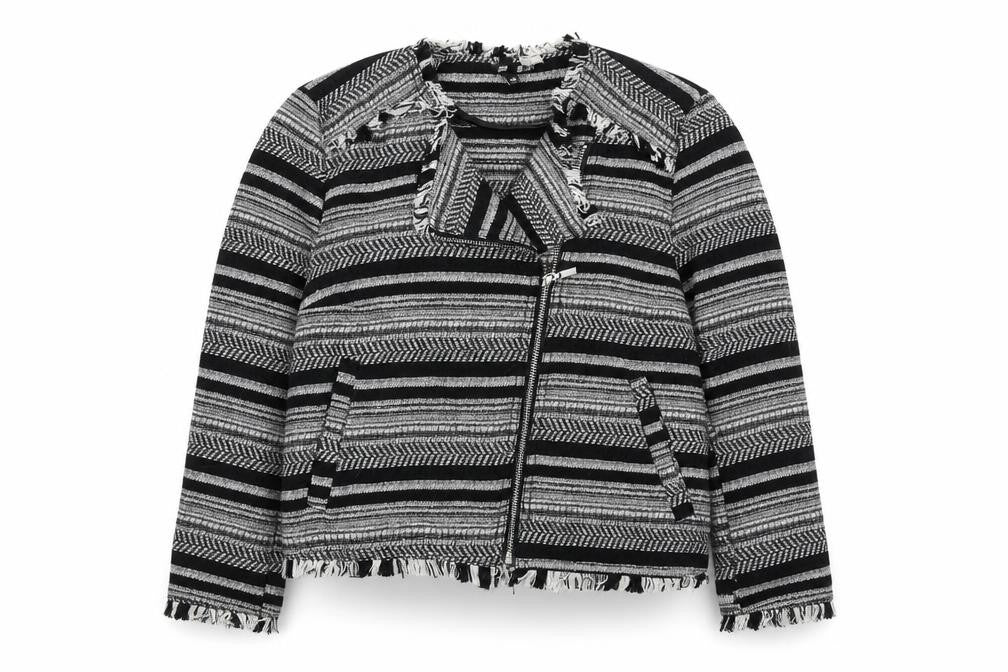 Front view of H&M women’s black striped jacket, size UK 16, zip
