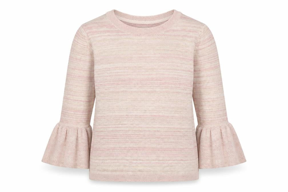 Front view of Per Una women’s pink boat neck polyester jumper, size UK 8