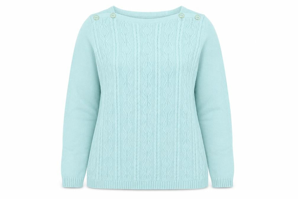 Front view of Preworn women’s blue square neck cotton jumper, size M