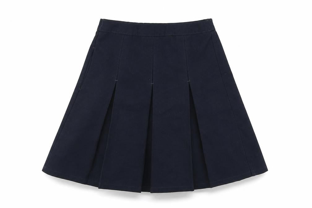 Front view of Marks & Spencer girls’ blue polyester pleated skirt, size 8-9, years regular zip