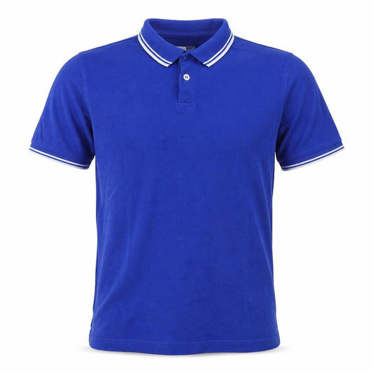 Front view of Cedarwood State men’s blue cotton polo, size XS, collared button