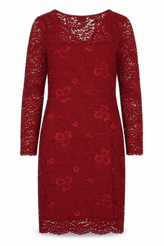 Front view of Vero Moda women’s red polyester pencil dress, size S, v-neck pullover