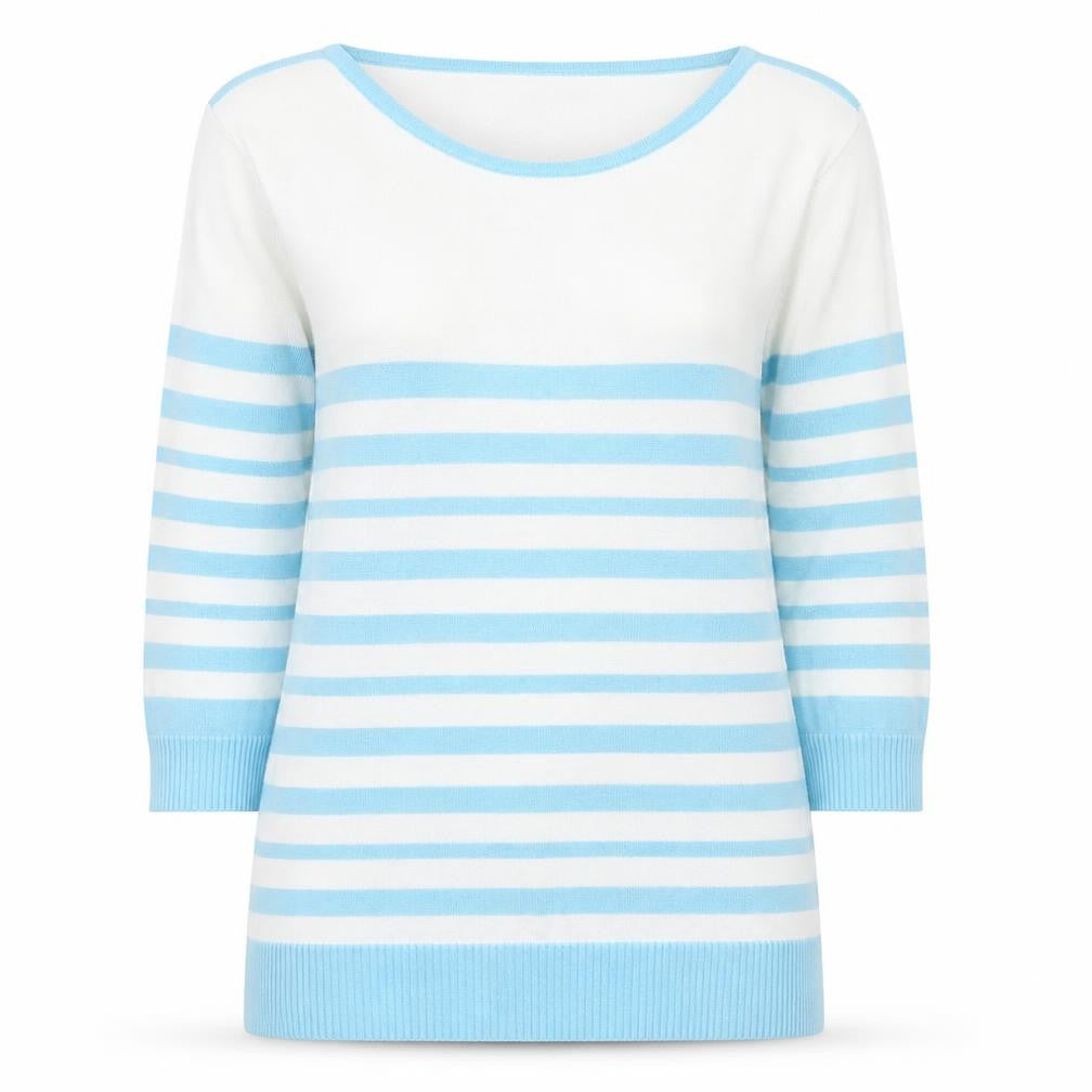 Front view of Isle women’s blue round neck striped cotton jumper, size UK 14