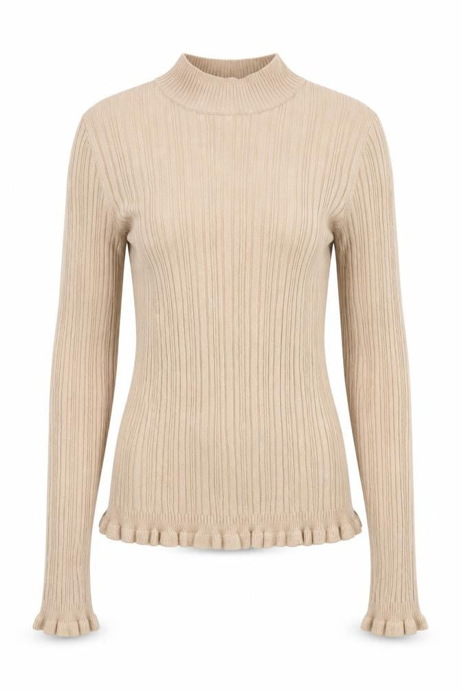 Front view of Miss Selfridge women’s beige mock neck viscose jumper, size UK 10