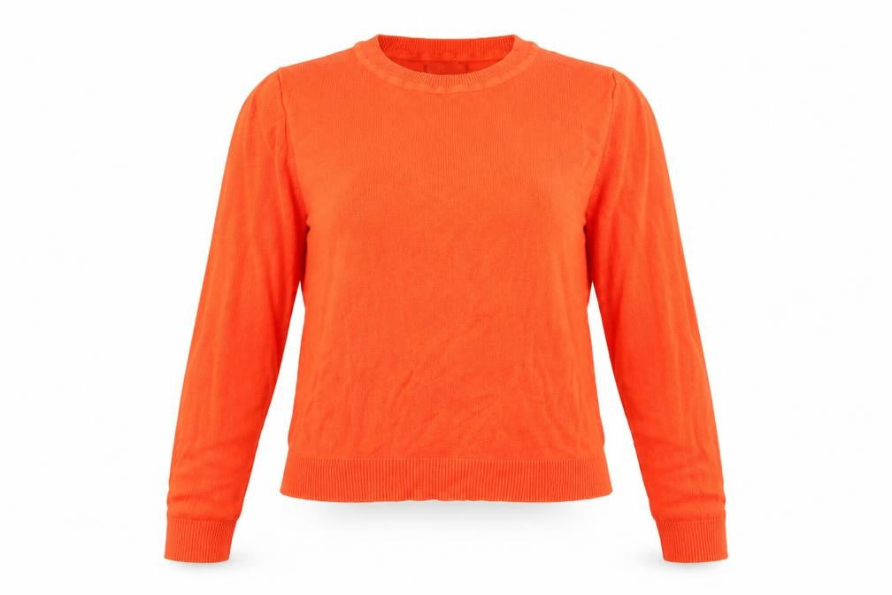Front view of ASOS women’s orange crew neck viscose jumper, size UK 10