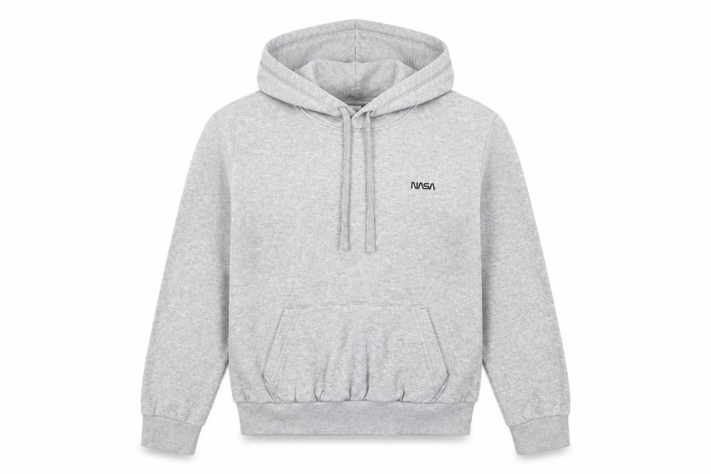 Front view of H&M women’s grey cotton pullover hoodie, size S, - nasa