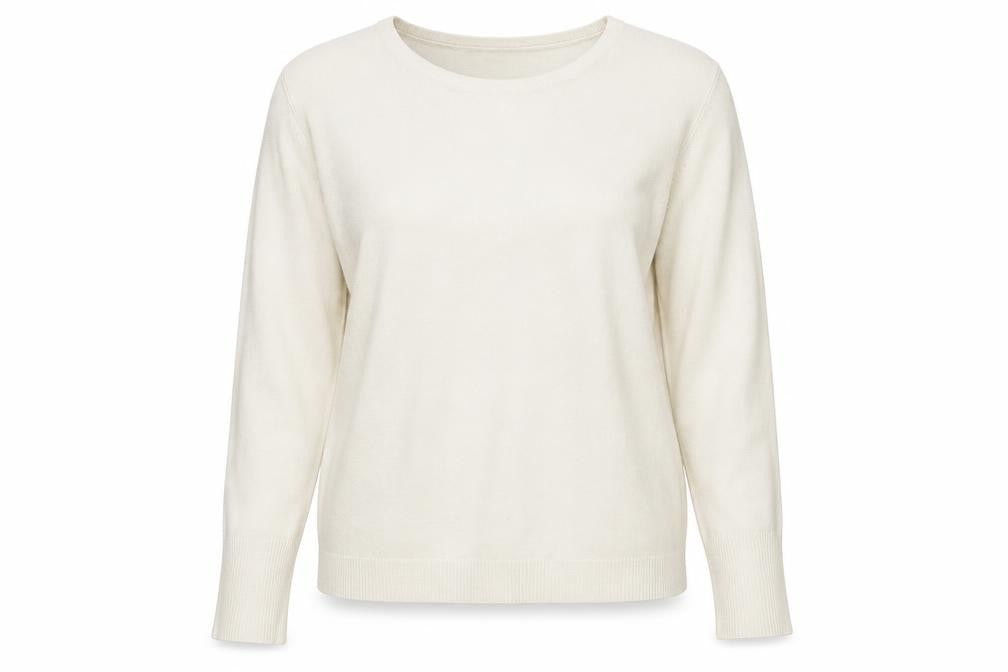 Front view of Primark women’s white crew neck acrylic jumper, size L