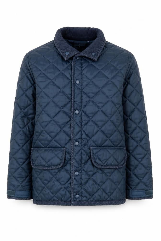 Front view of Fastrack men’s blue quilted coat, size XS, snap